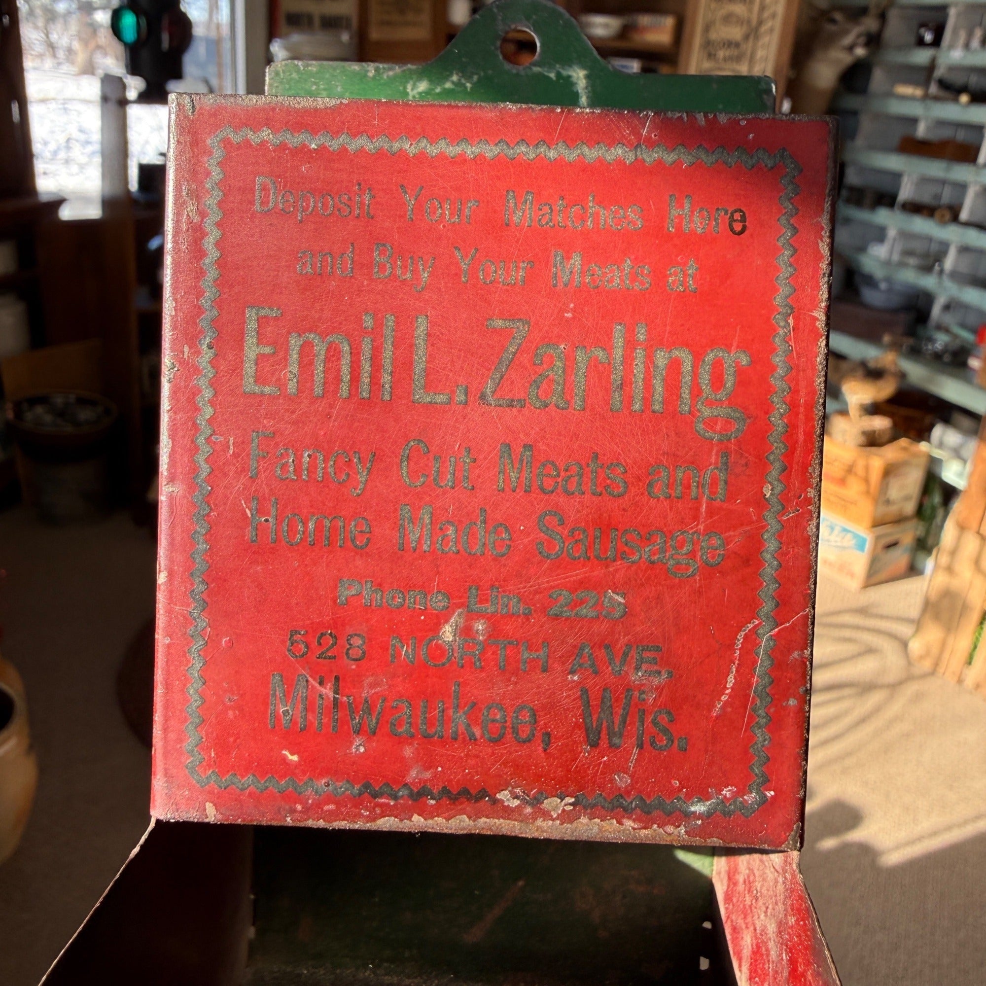 Vintage Zarling Meats Milwaukee Wisconsin Match Holder Tin Advertising Sign