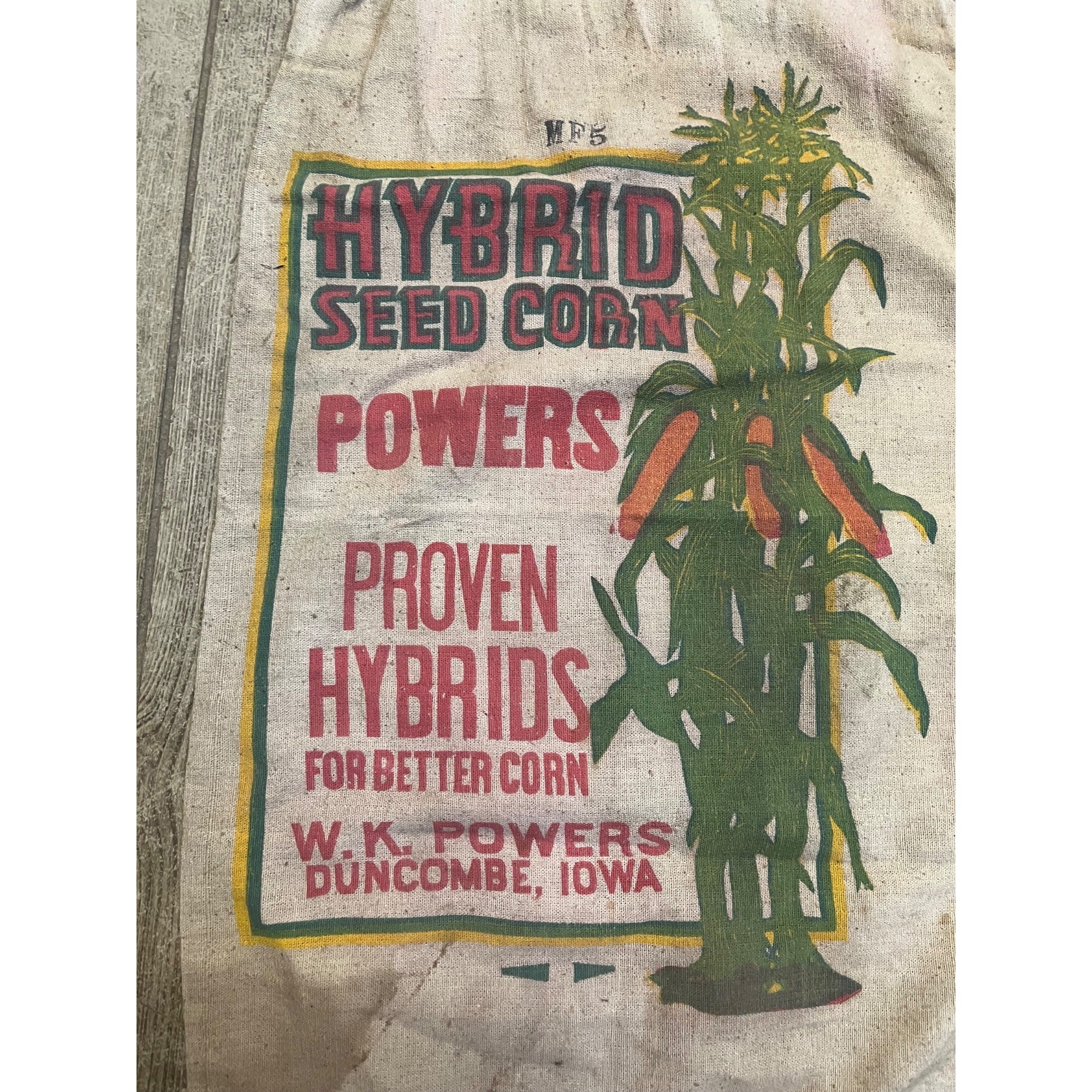 Vintage Powers Hybrid Seed Corn, Duncombe, Iowa IA Cloth Sack