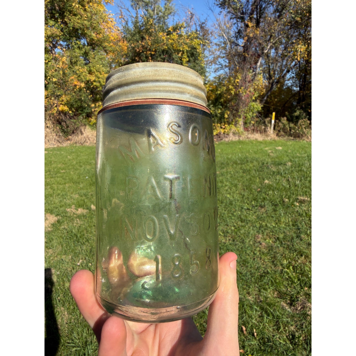 Masons Patent Nov 30th 1858 Antique Glass Canning Jar With Zinc Lid Vintage Home Decor