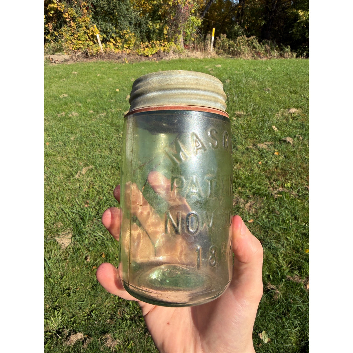 Masons Patent Nov 30th 1858 Antique Glass Canning Jar With Zinc Lid Vintage Home Decor