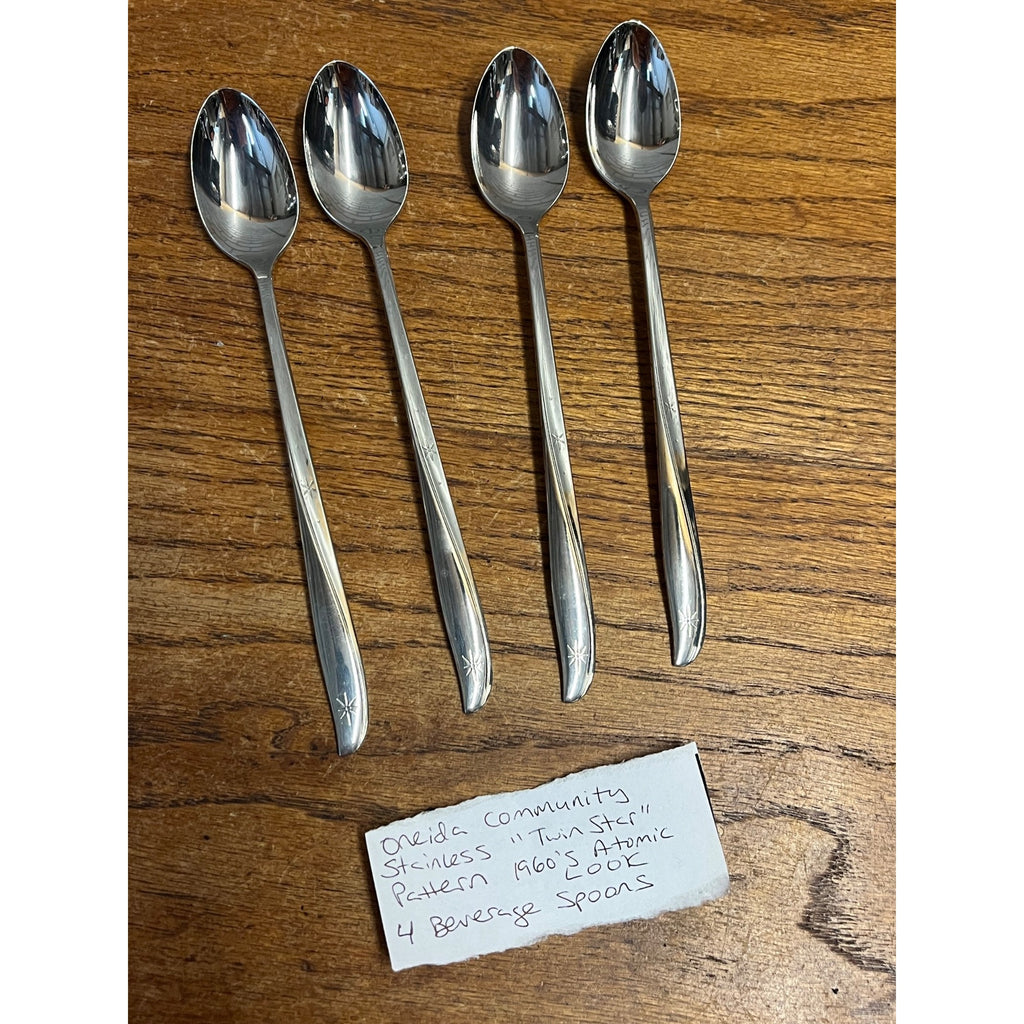 Vintage Oneida Community Stainless Ice Tea Spoons "Twin Star" Pattern Atomic (4)