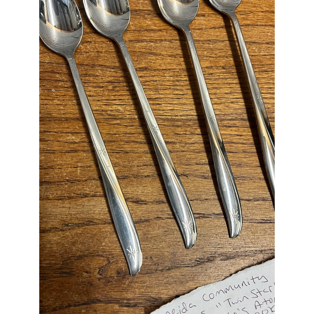 Vintage Oneida Community Stainless Ice Tea Spoons "Twin Star" Pattern Atomic (4)