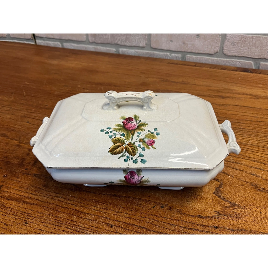 Antique Alfred Meakin Moss Rose Covered Serving Dish Ironstone China England
