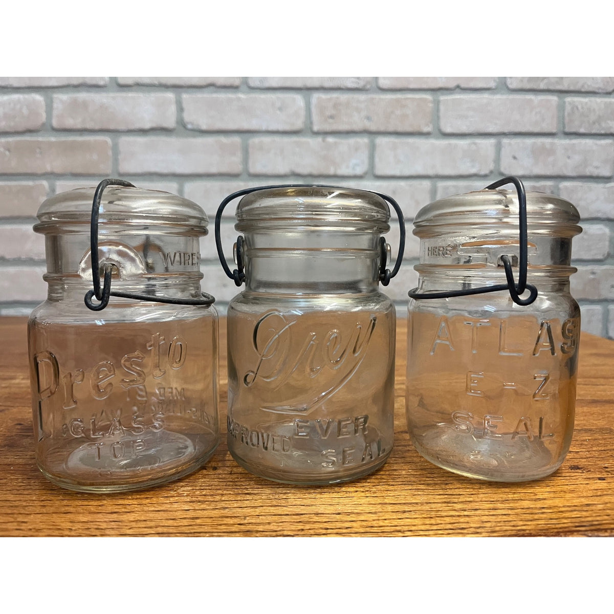 Vintage (3) Wire Bail PINT Jars Atlas, Drey & Presto Canning & Food Storage Primitive Kitchen Decor