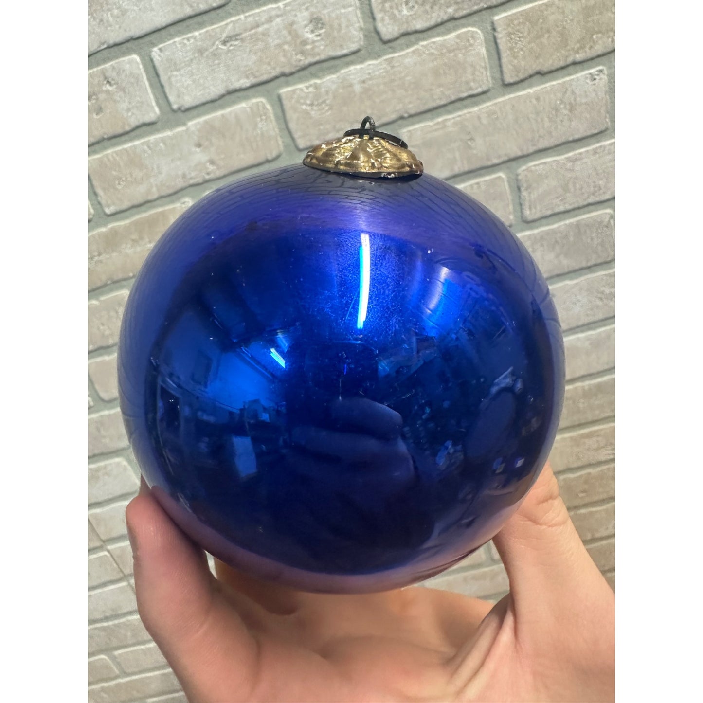 Original Early 1900s German Blue Kugel Christmas Tree Ornament 4" Round Heavy