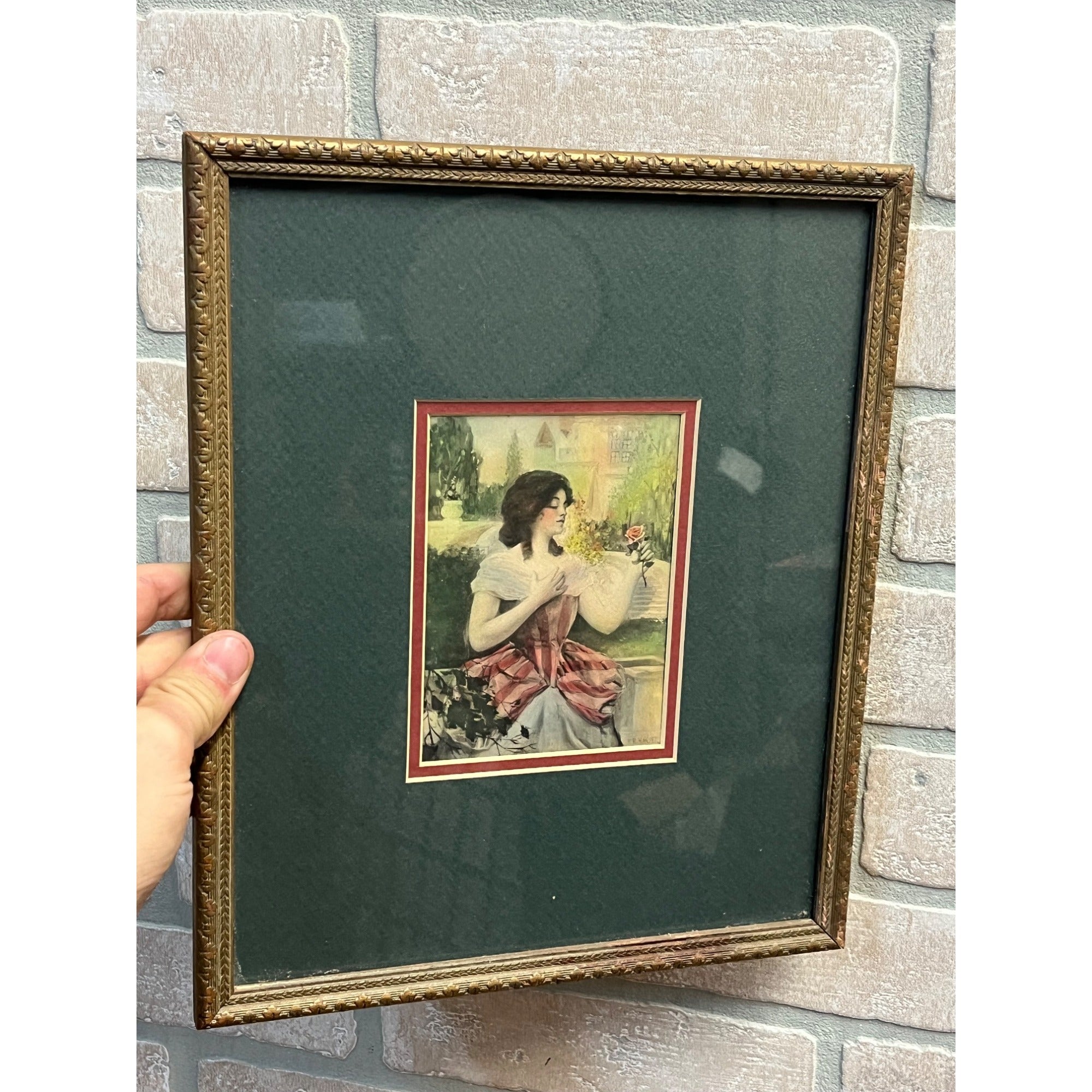 Vintage 1920s F.R. Harper Artist Watercolor Print of Woman & Rose -- Framed Art