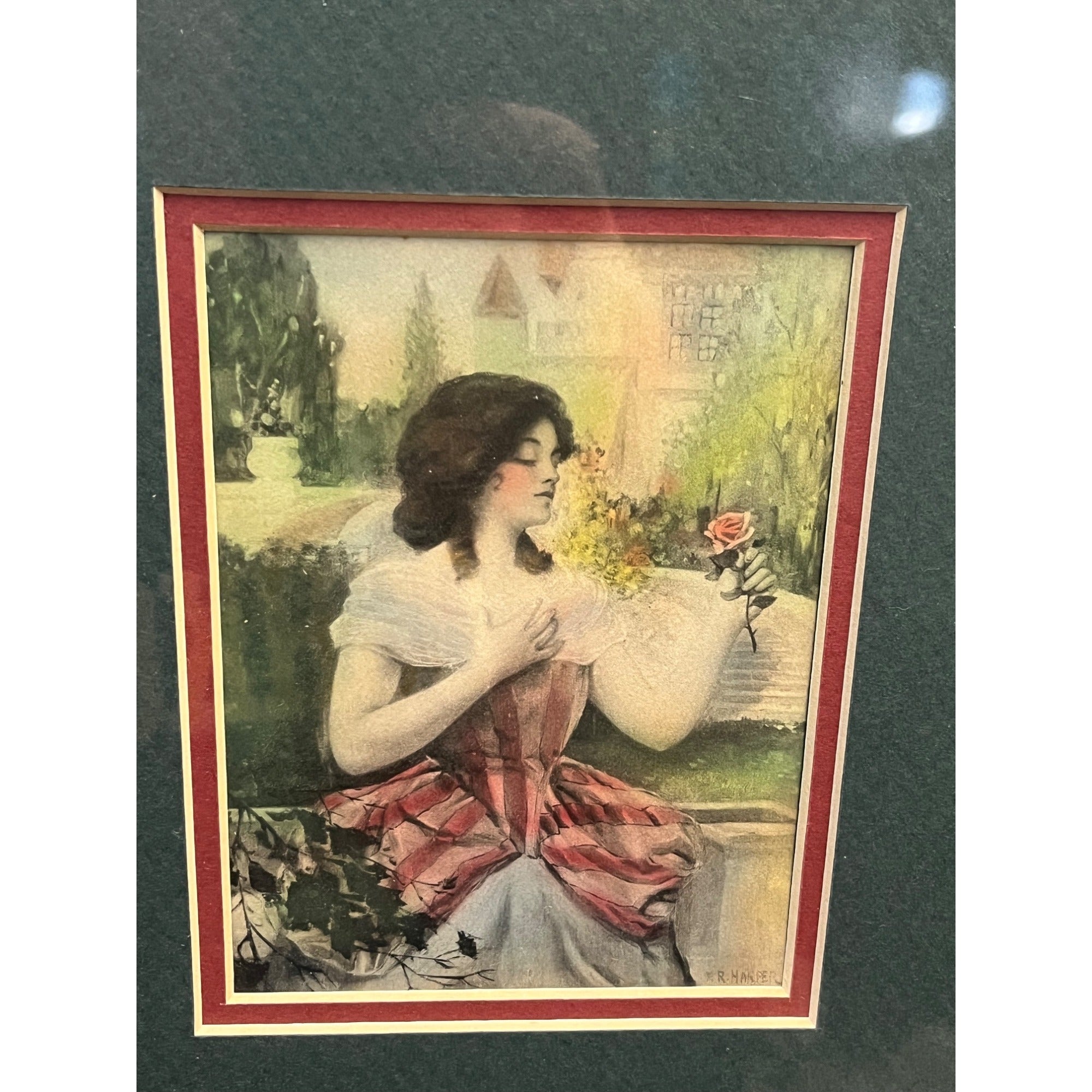 Vintage 1920s F.R. Harper Artist Watercolor Print of Woman & Rose -- Framed Art