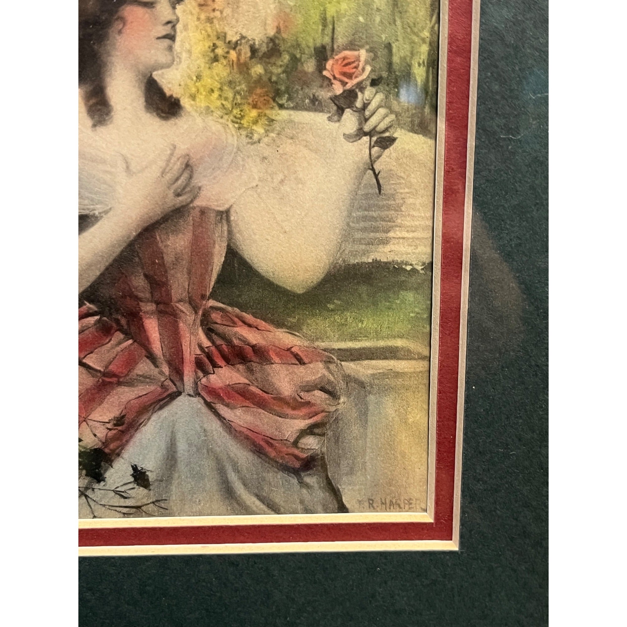 Vintage 1920s F.R. Harper Artist Watercolor Print of Woman & Rose -- Framed Art