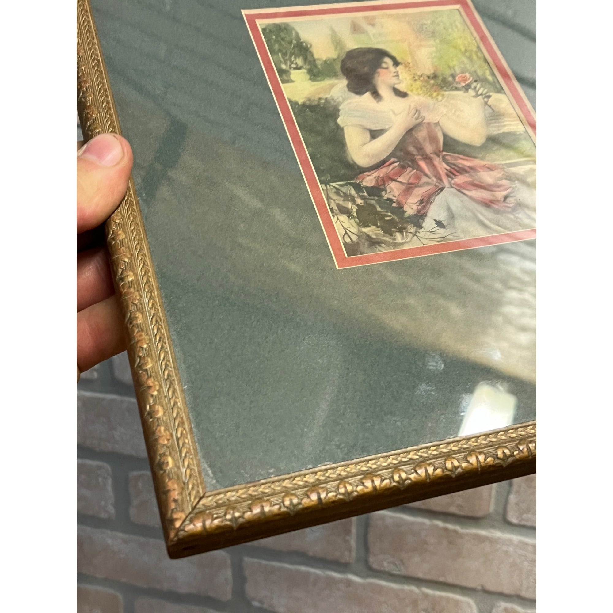 Vintage 1920s F.R. Harper Artist Watercolor Print of Woman & Rose -- Framed Art