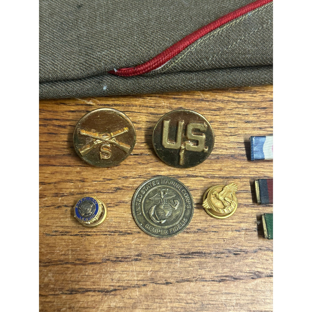 Vintage WWII Era Garrison Cap & Service Medals, Pins, Ribbons, Badges