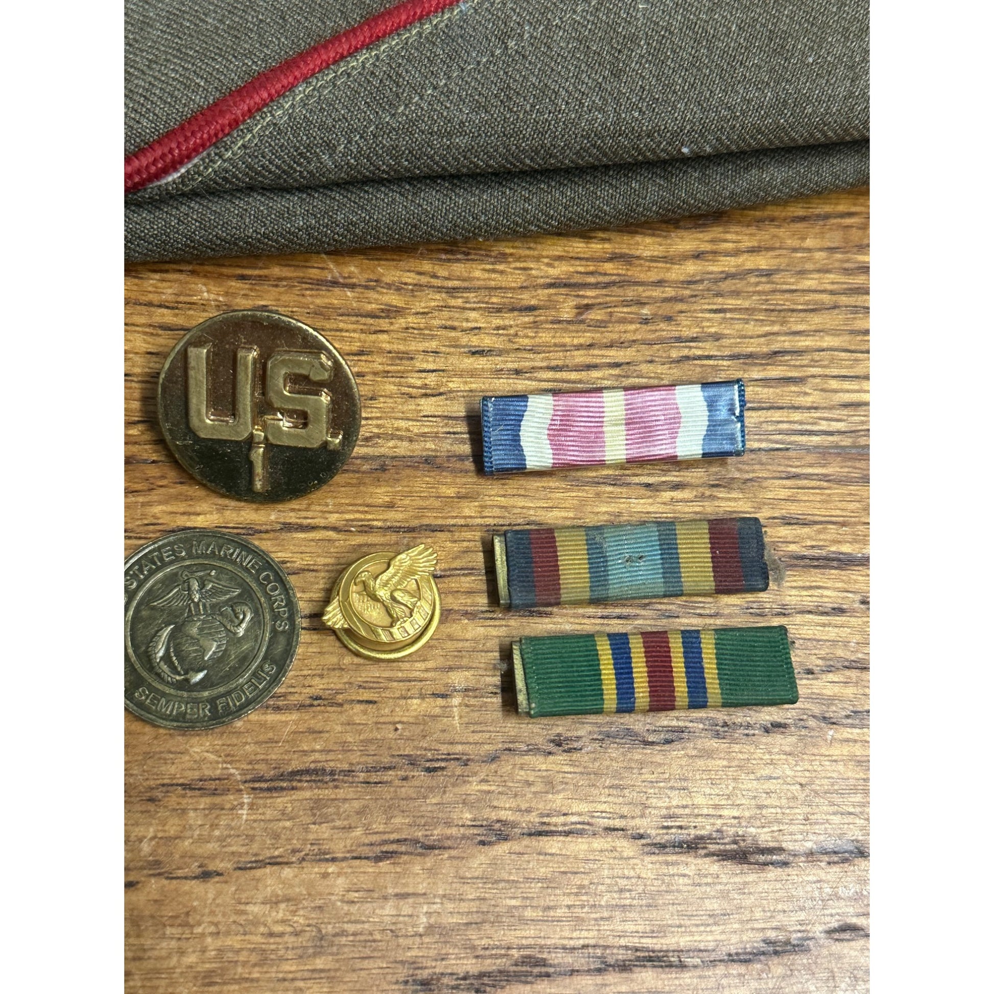 Vintage WWII Era Garrison Cap & Service Medals, Pins, Ribbons, Badges