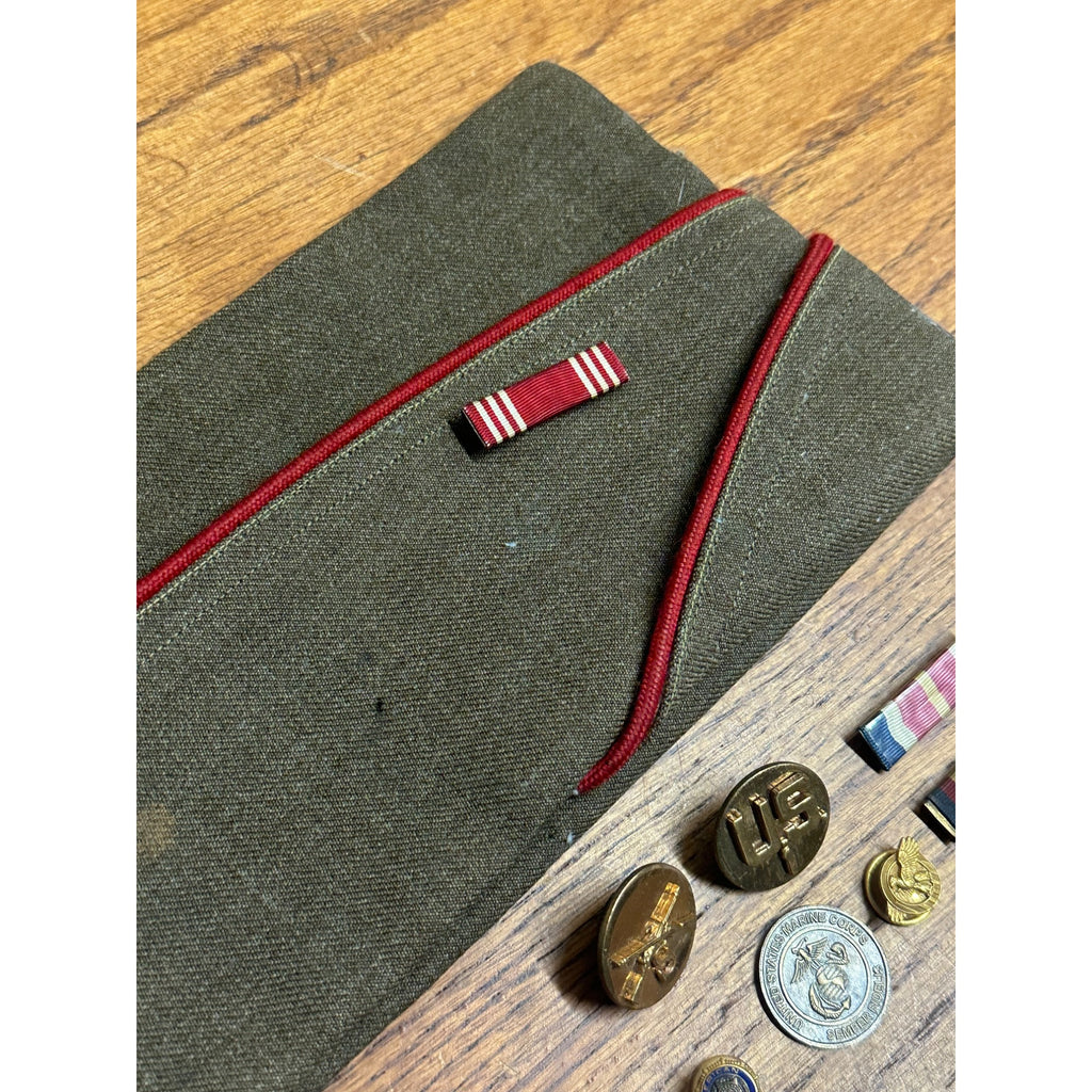 Vintage WWII Era Garrison Cap & Service Medals, Pins, Ribbons, Badges