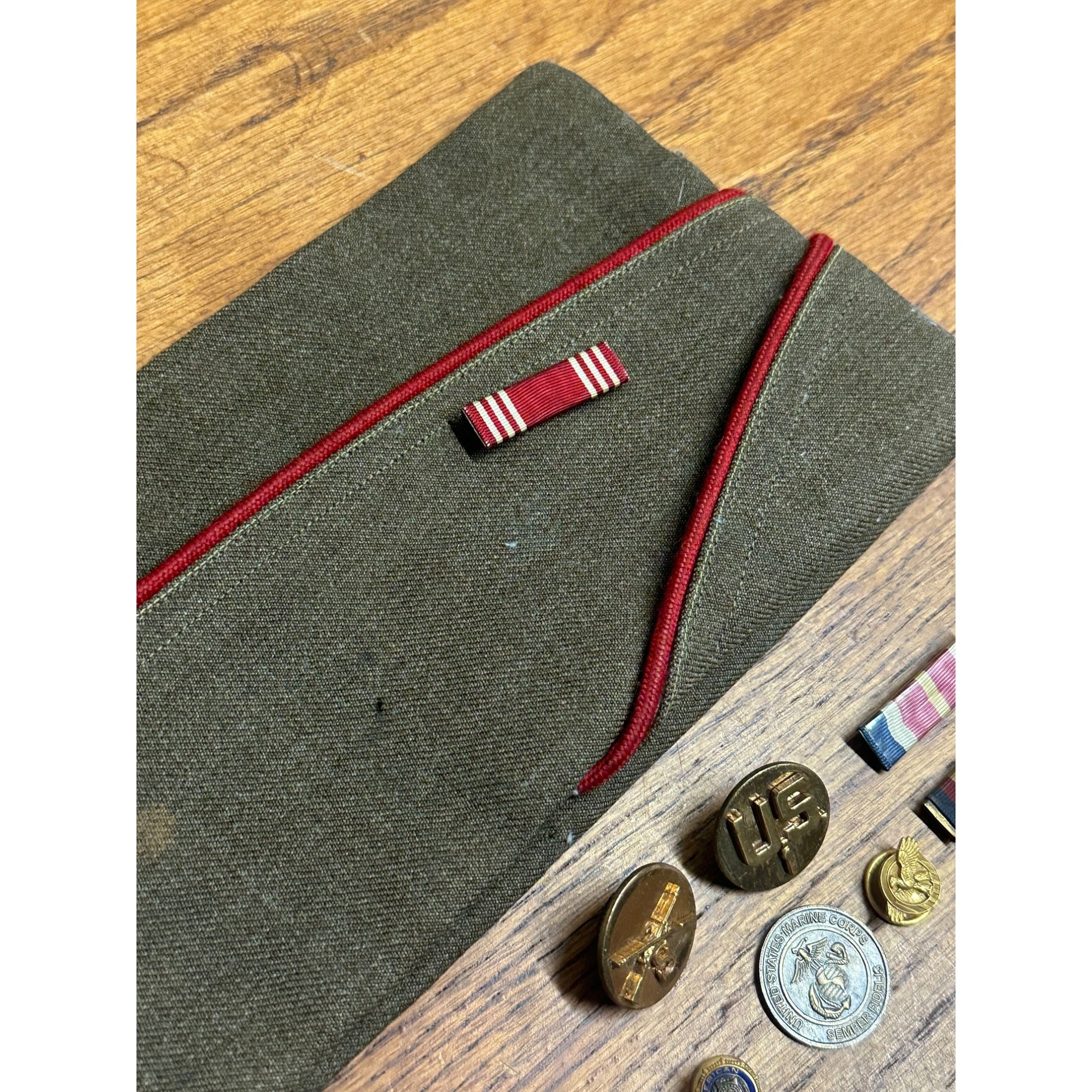 Vintage WWII Era Garrison Cap & Service Medals, Pins, Ribbons, Badges
