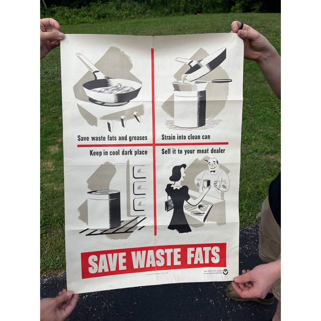 Original WWII Save Waste Fats Homefront US Propaganda Poster WW2 1942 20x28