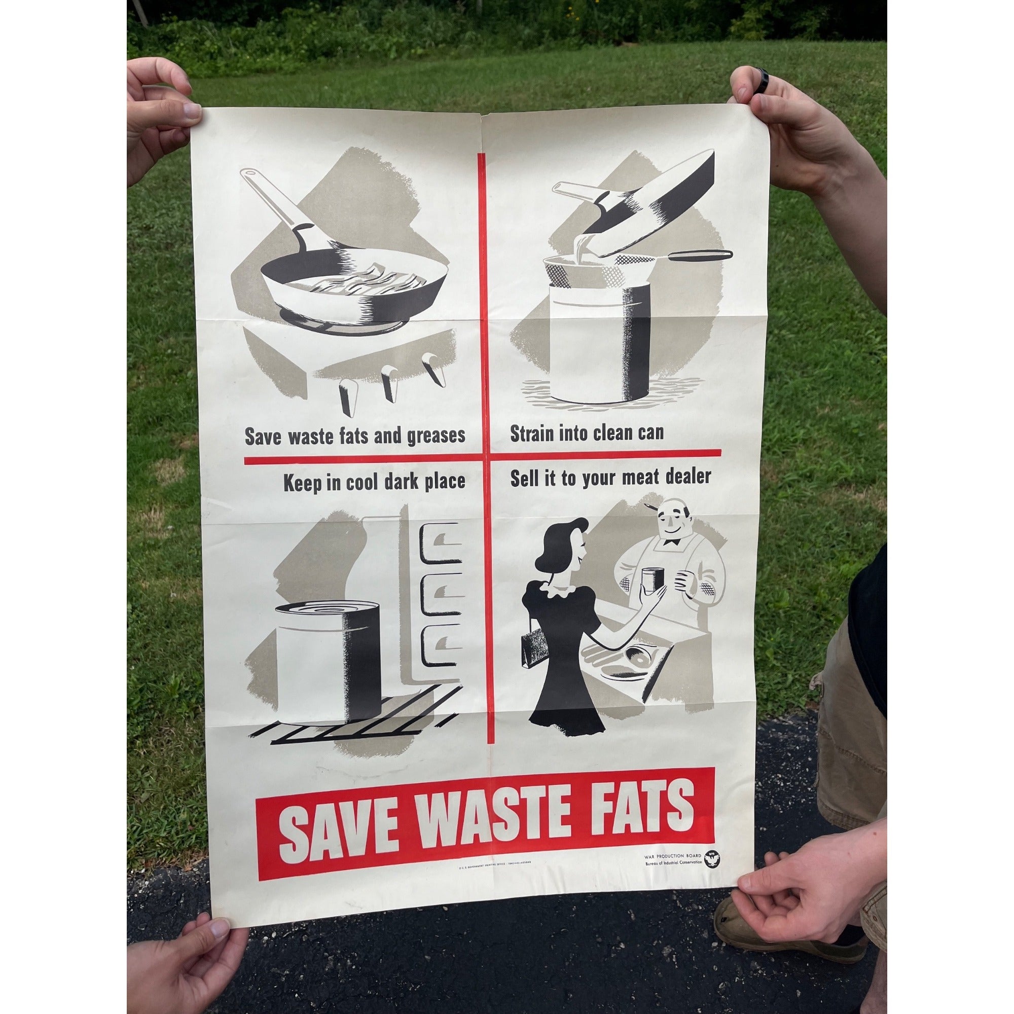 Original WWII Save Waste Fats Homefront US Propaganda Poster WW2 1942 20x28