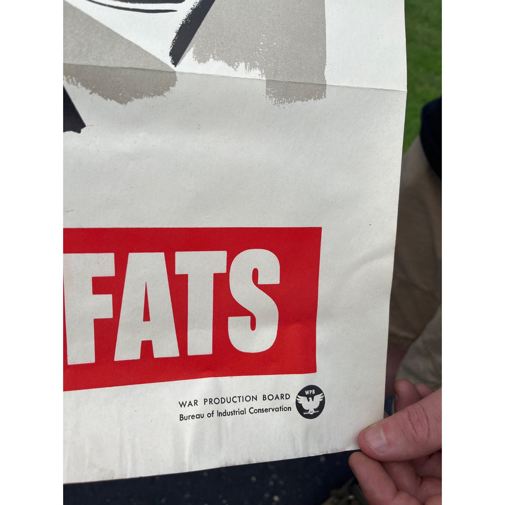 Original WWII Save Waste Fats Homefront US Propaganda Poster WW2 1942 20x28