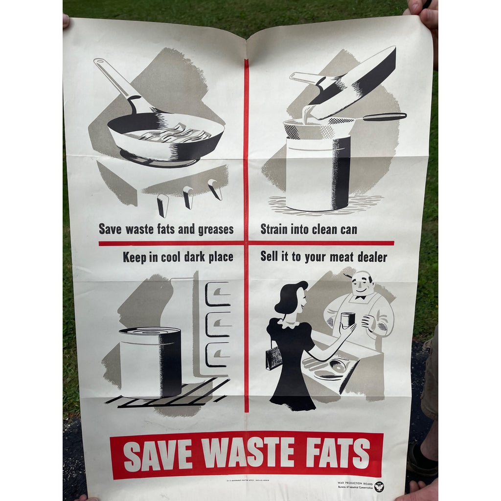 Original WWII Save Waste Fats Homefront US Propaganda Poster WW2 1942 20x28