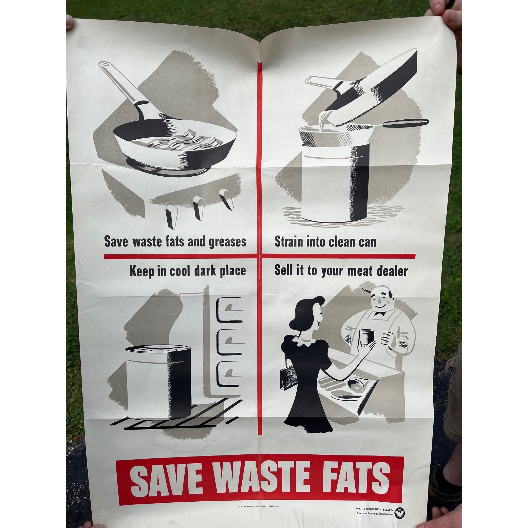 Original WWII Save Waste Fats Homefront US Propaganda Poster WW2 1942 20x28