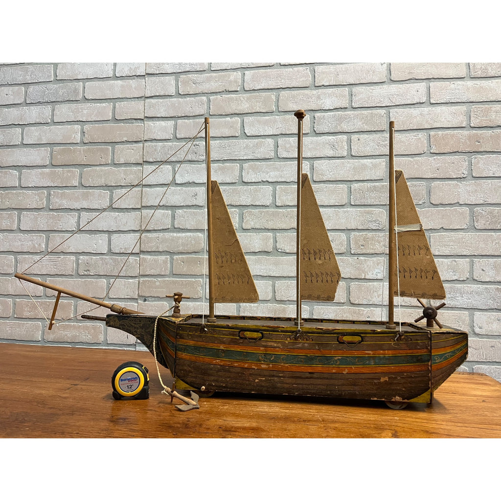 RARE Antique Reed Paper Lithograph + Wood Ocean Wave Leominster Sailing Ship Toy