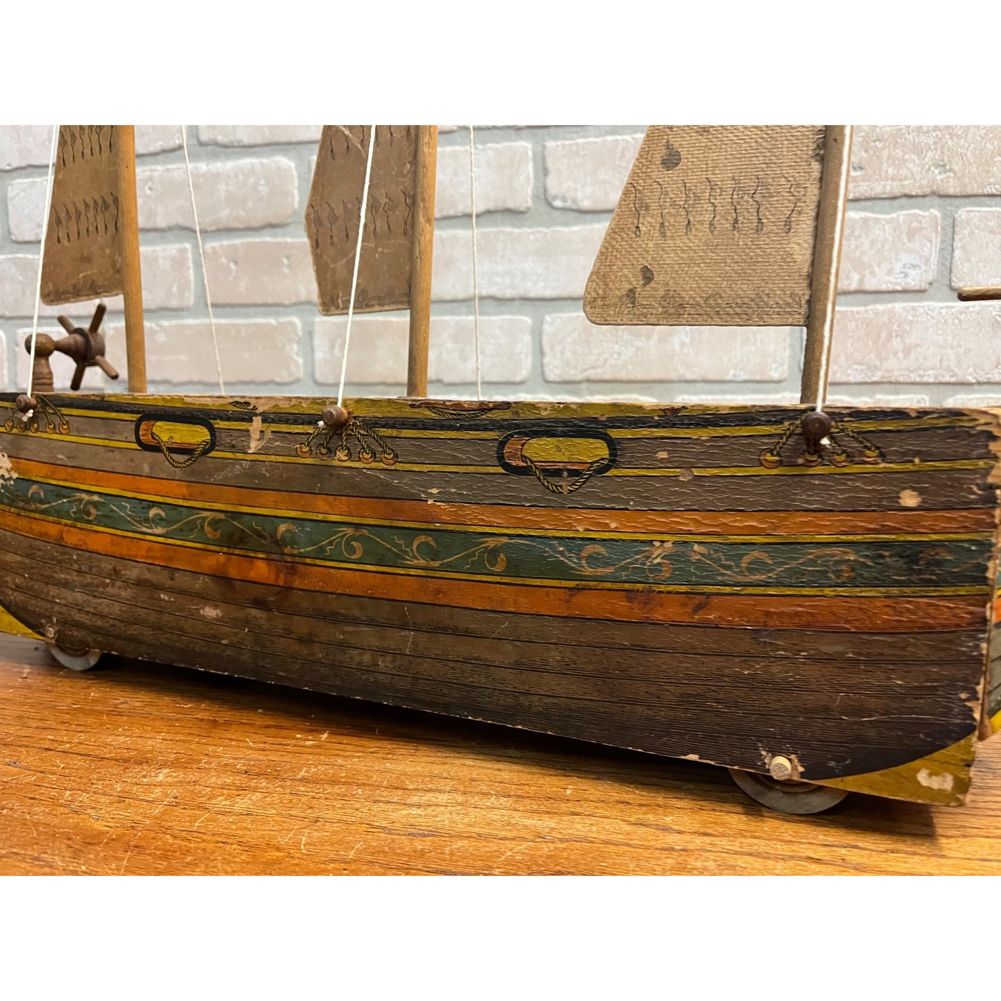 RARE Antique Reed Paper Lithograph + Wood Ocean Wave Leominster Sailing Ship Toy