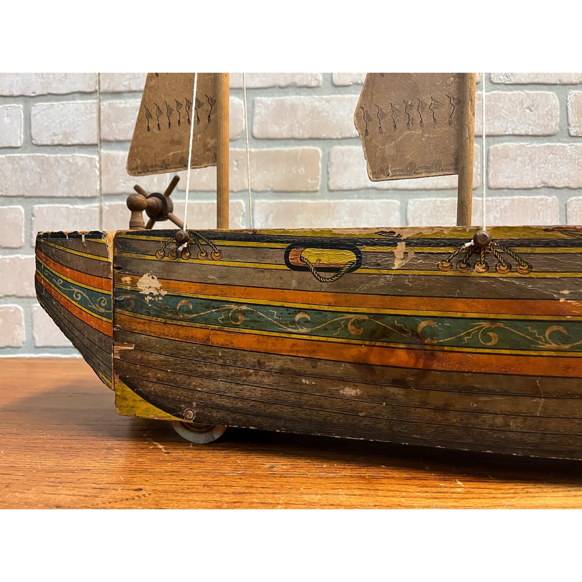 RARE Antique Reed Paper Lithograph + Wood Ocean Wave Leominster Sailing Ship Toy