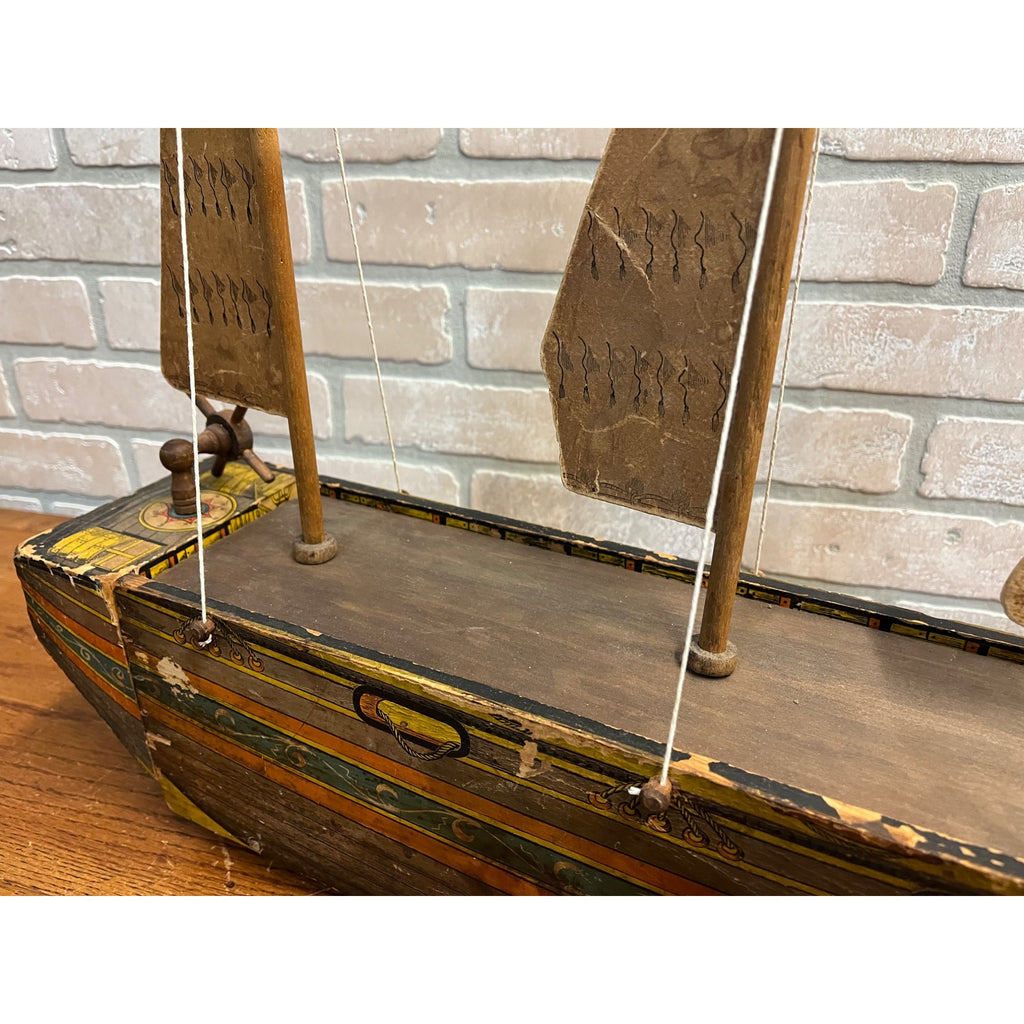 RARE Antique Reed Paper Lithograph + Wood Ocean Wave Leominster Sailing Ship Toy