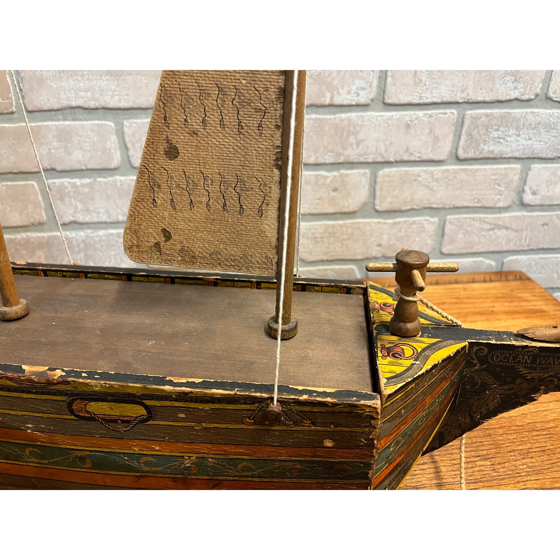 RARE Antique Reed Paper Lithograph + Wood Ocean Wave Leominster Sailing Ship Toy