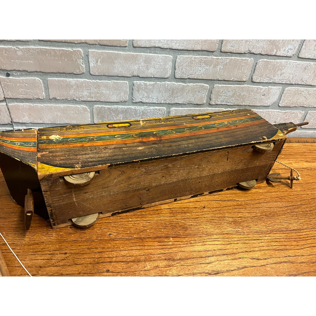 RARE Antique Reed Paper Lithograph + Wood Ocean Wave Leominster Sailing Ship Toy