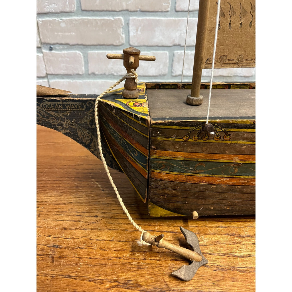 RARE Antique Reed Paper Lithograph + Wood Ocean Wave Leominster Sailing Ship Toy