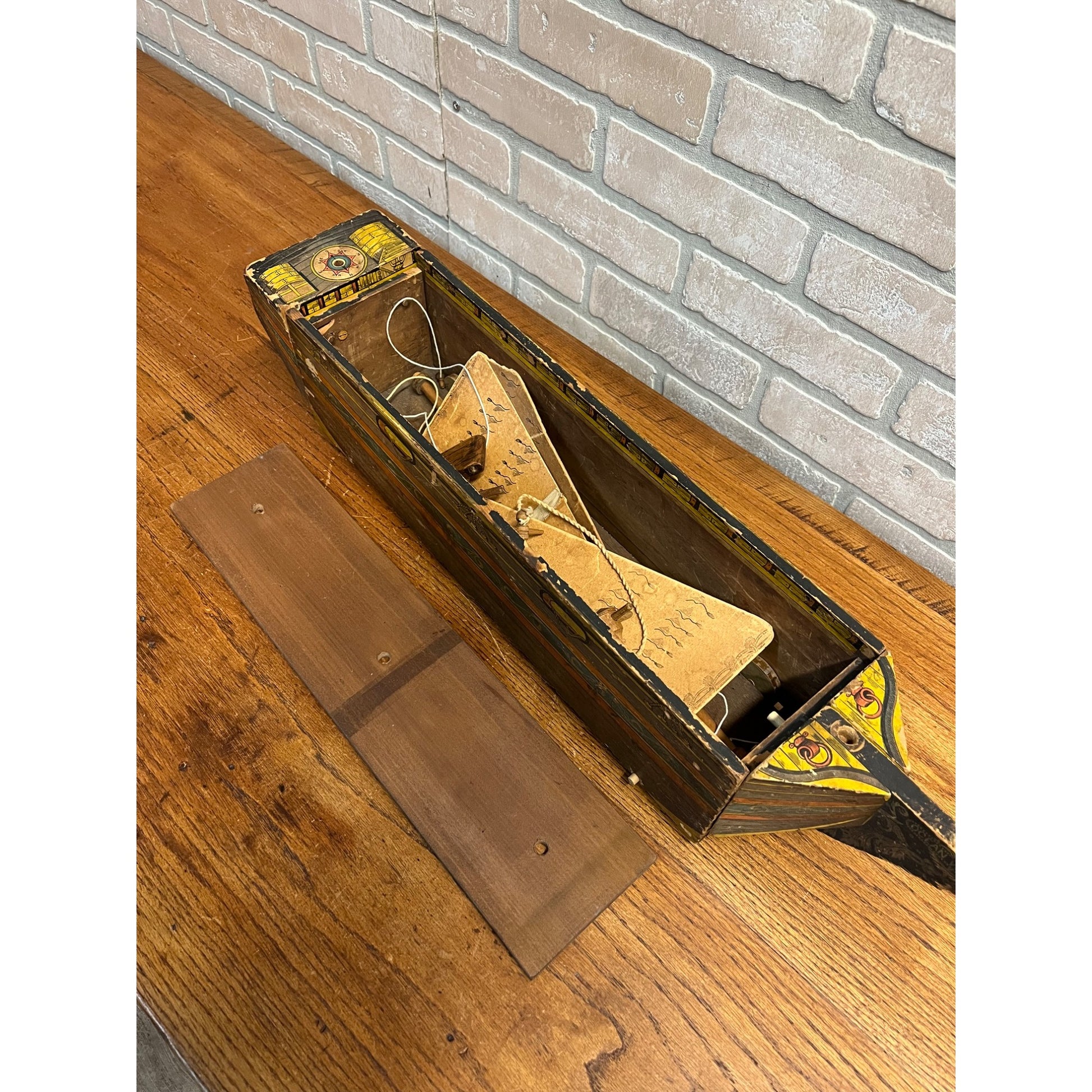 RARE Antique Reed Paper Lithograph + Wood Ocean Wave Leominster Sailing Ship Toy