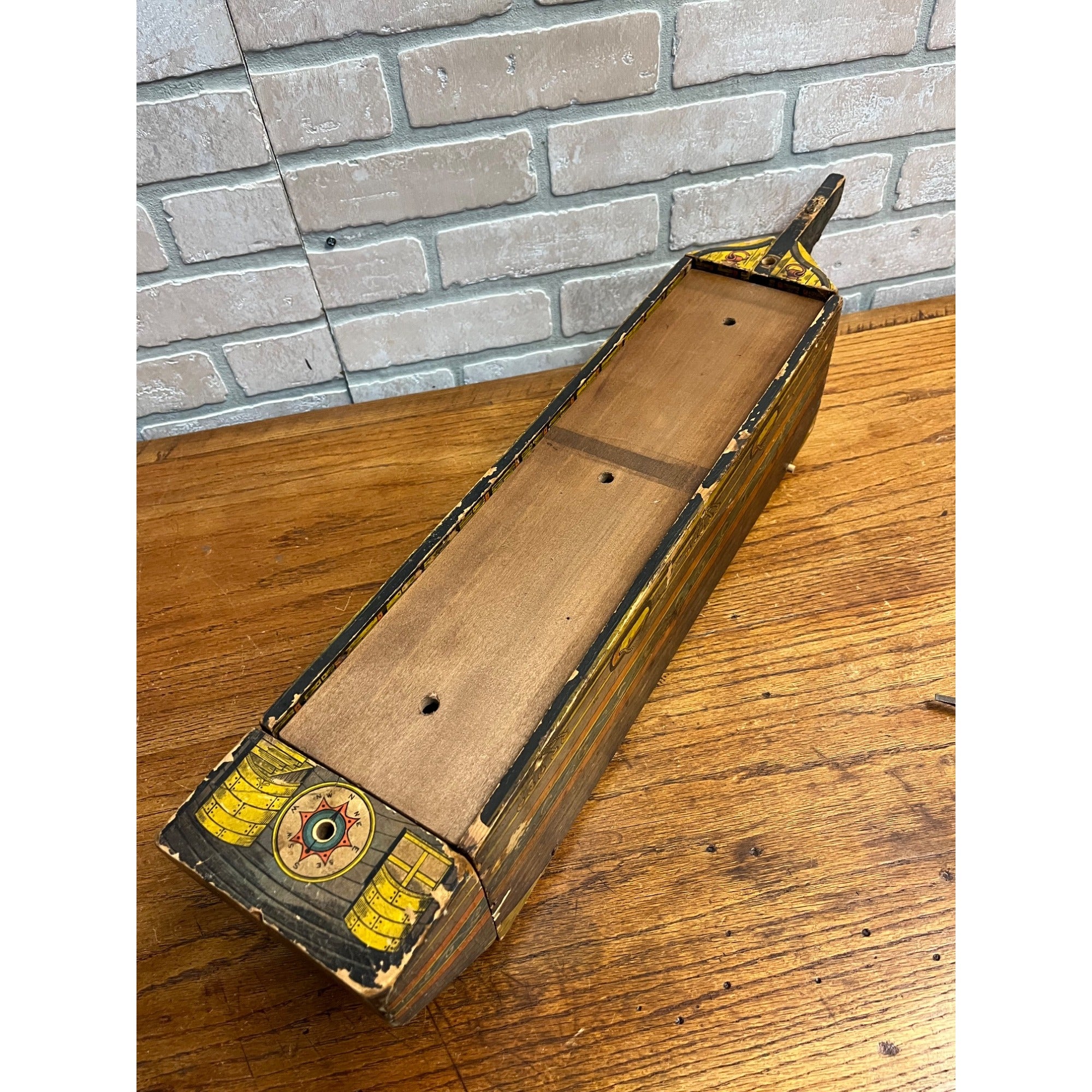 RARE Antique Reed Paper Lithograph + Wood Ocean Wave Leominster Sailing Ship Toy