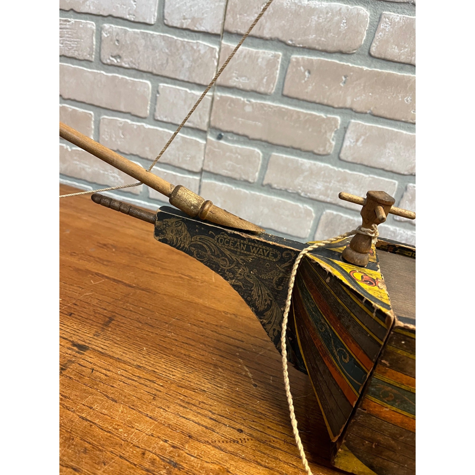 RARE Antique Reed Paper Lithograph + Wood Ocean Wave Leominster Sailing Ship Toy