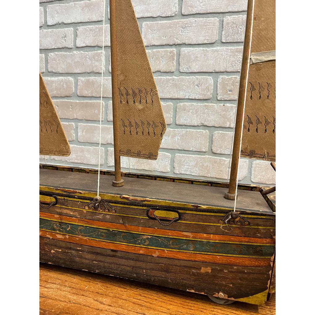 RARE Antique Reed Paper Lithograph + Wood Ocean Wave Leominster Sailing Ship Toy