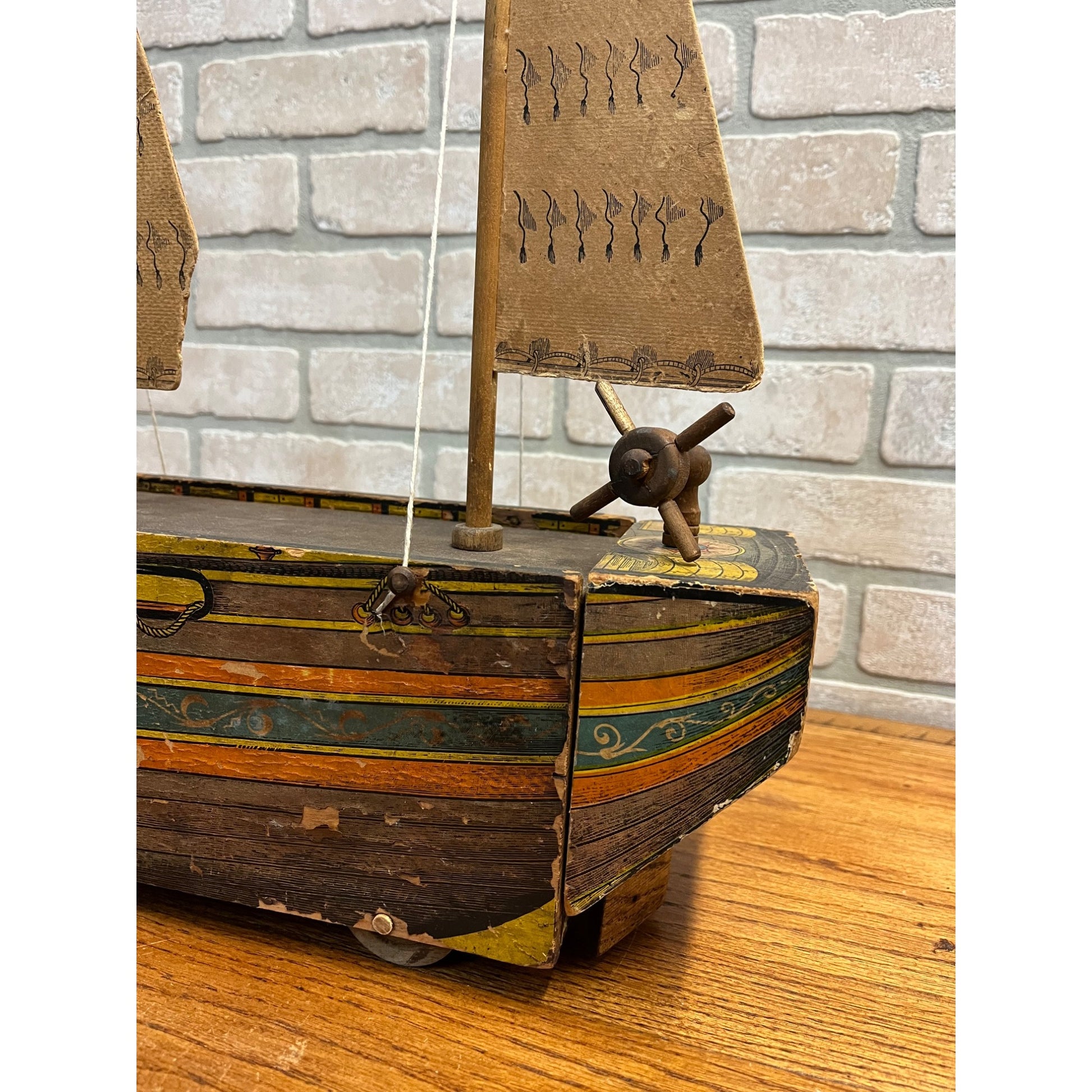 RARE Antique Reed Paper Lithograph + Wood Ocean Wave Leominster Sailing Ship Toy