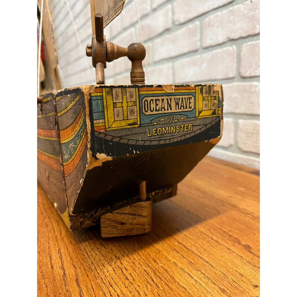 RARE Antique Reed Paper Lithograph + Wood Ocean Wave Leominster Sailing Ship Toy