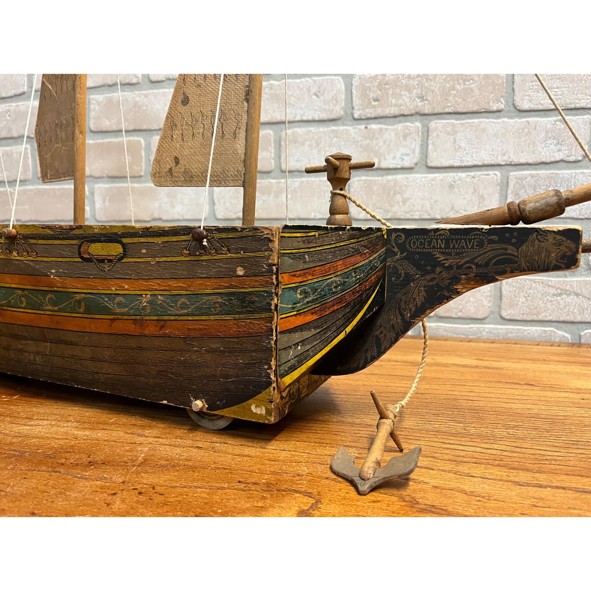 RARE Antique Reed Paper Lithograph + Wood Ocean Wave Leominster Sailing Ship Toy