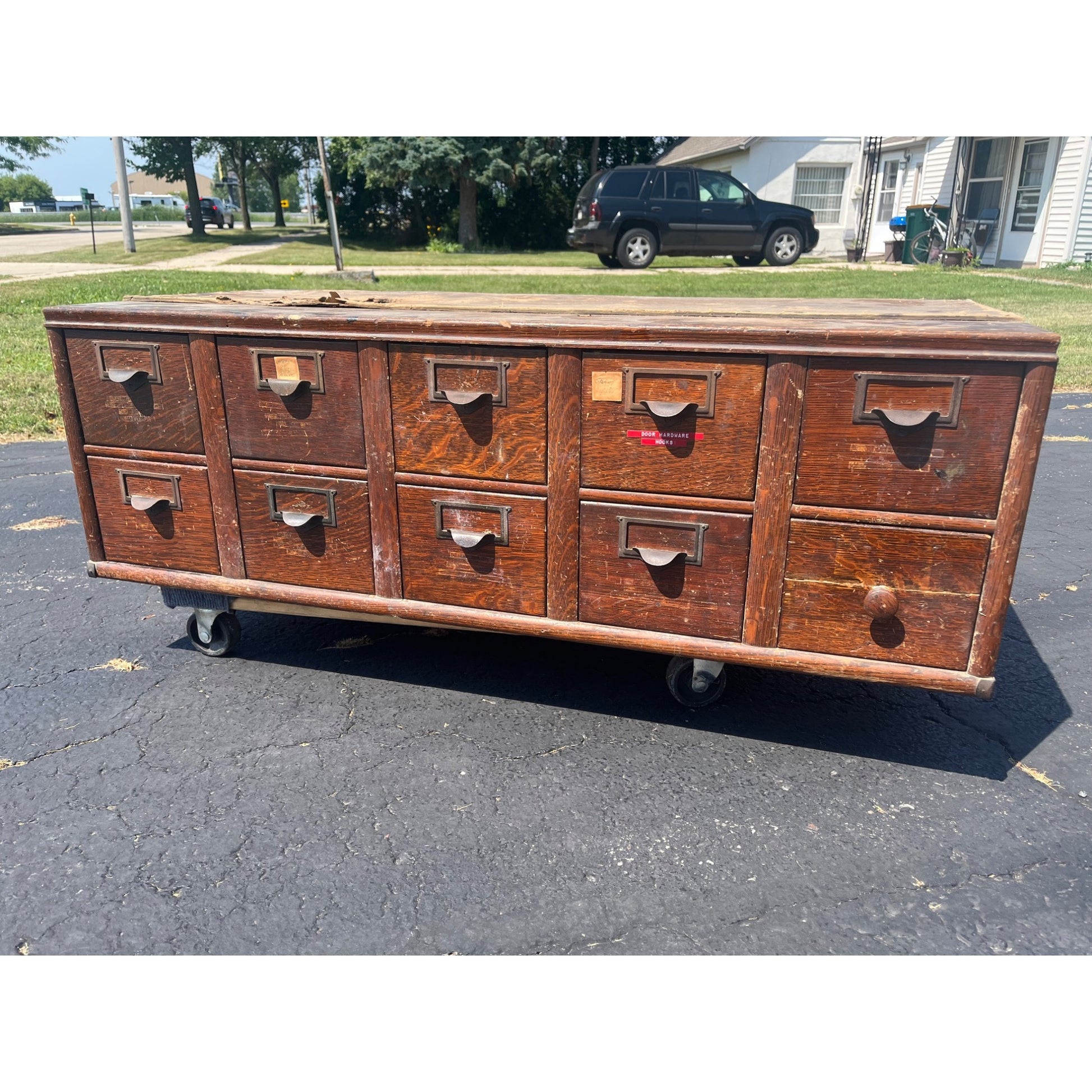 Vintage Ten Drawer Tabletop Oak Wooden Storage Cabinet Industrial