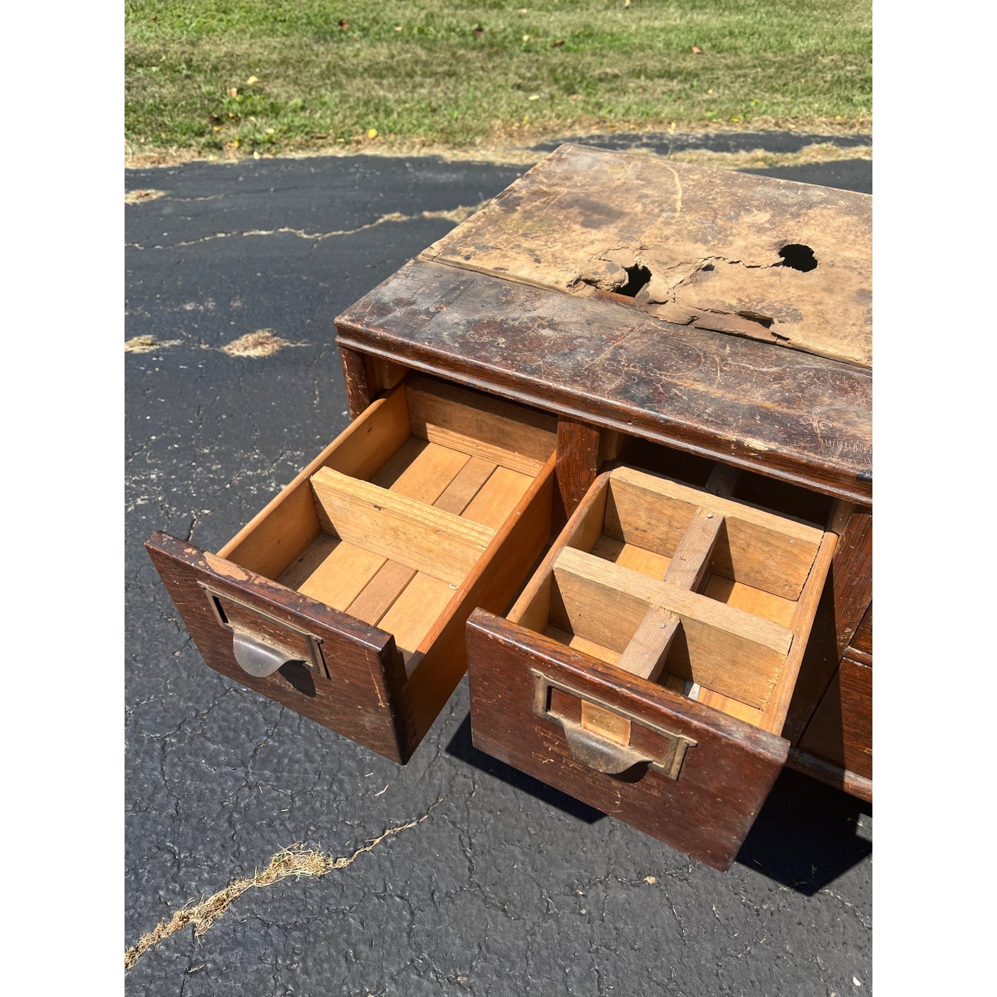 Vintage Ten Drawer Tabletop Oak Wooden Storage Cabinet Industrial