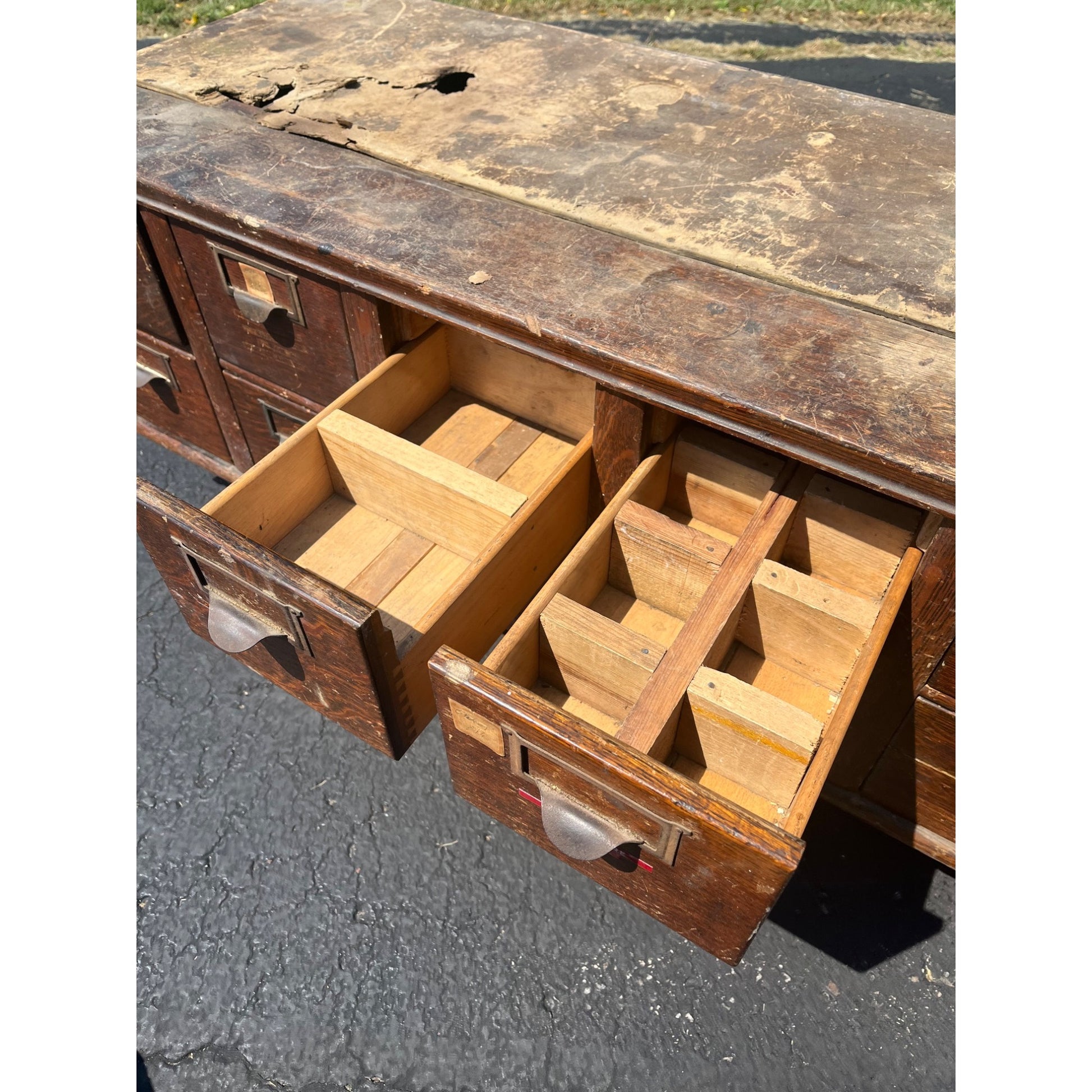 Vintage Ten Drawer Tabletop Oak Wooden Storage Cabinet Industrial