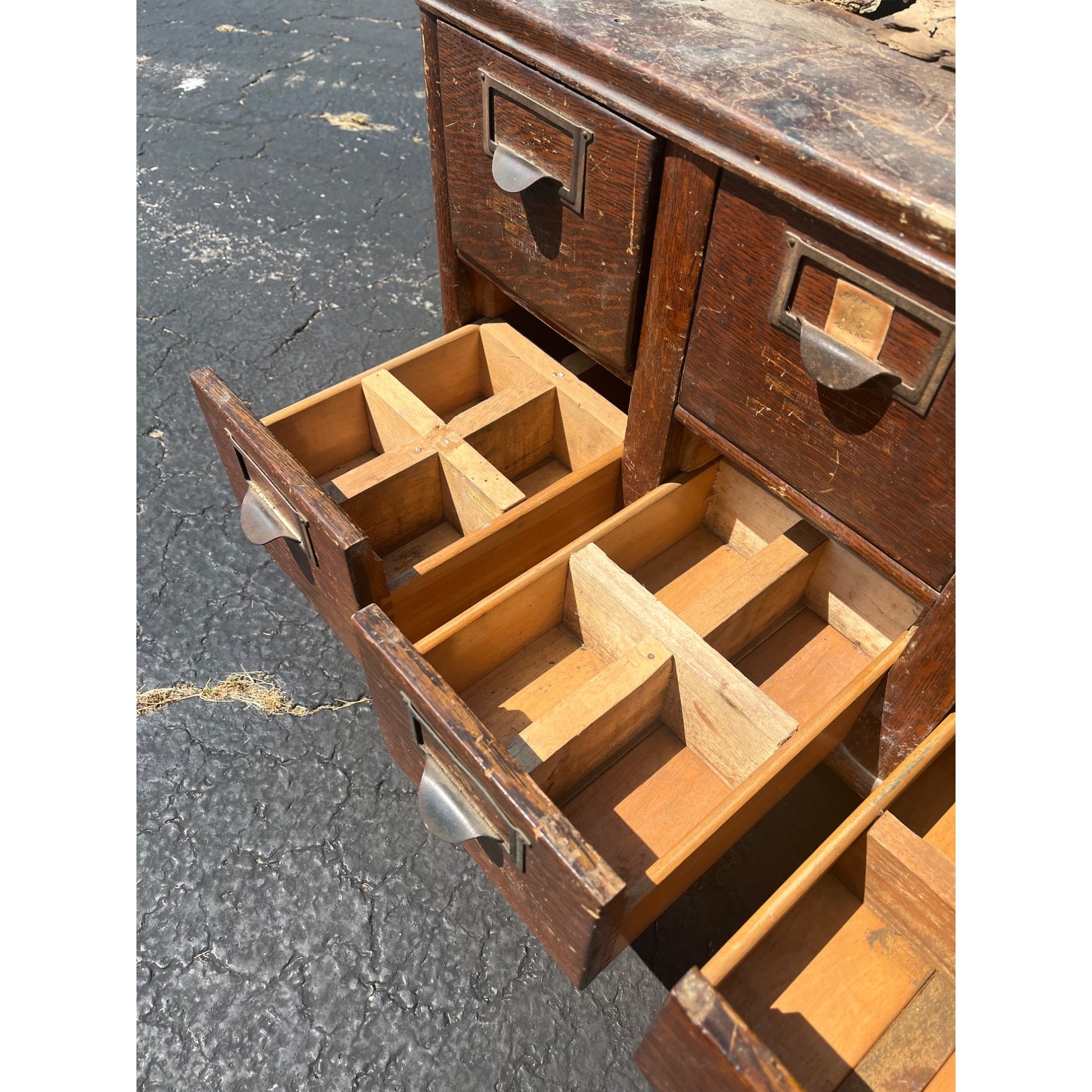 Vintage Ten Drawer Tabletop Oak Wooden Storage Cabinet Industrial