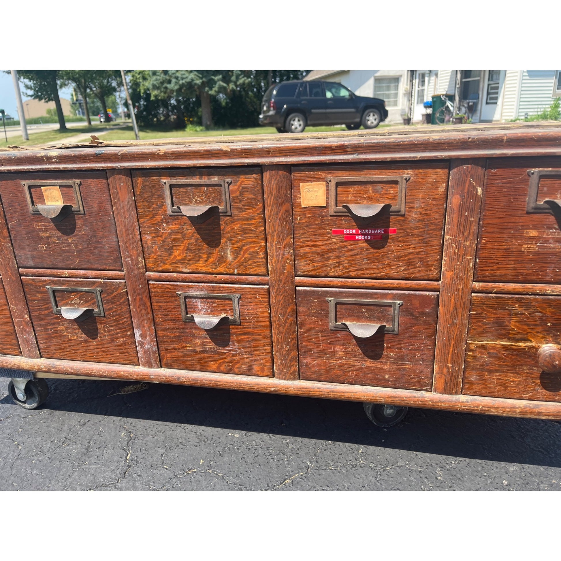 Vintage Ten Drawer Tabletop Oak Wooden Storage Cabinet Industrial