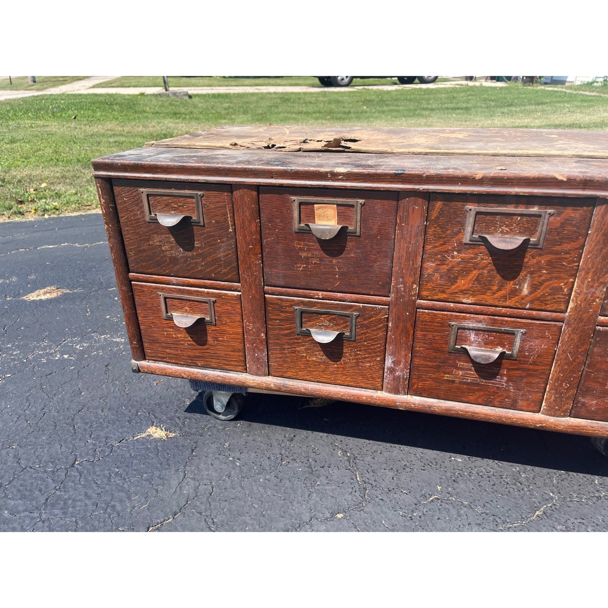 Vintage Ten Drawer Tabletop Oak Wooden Storage Cabinet Industrial