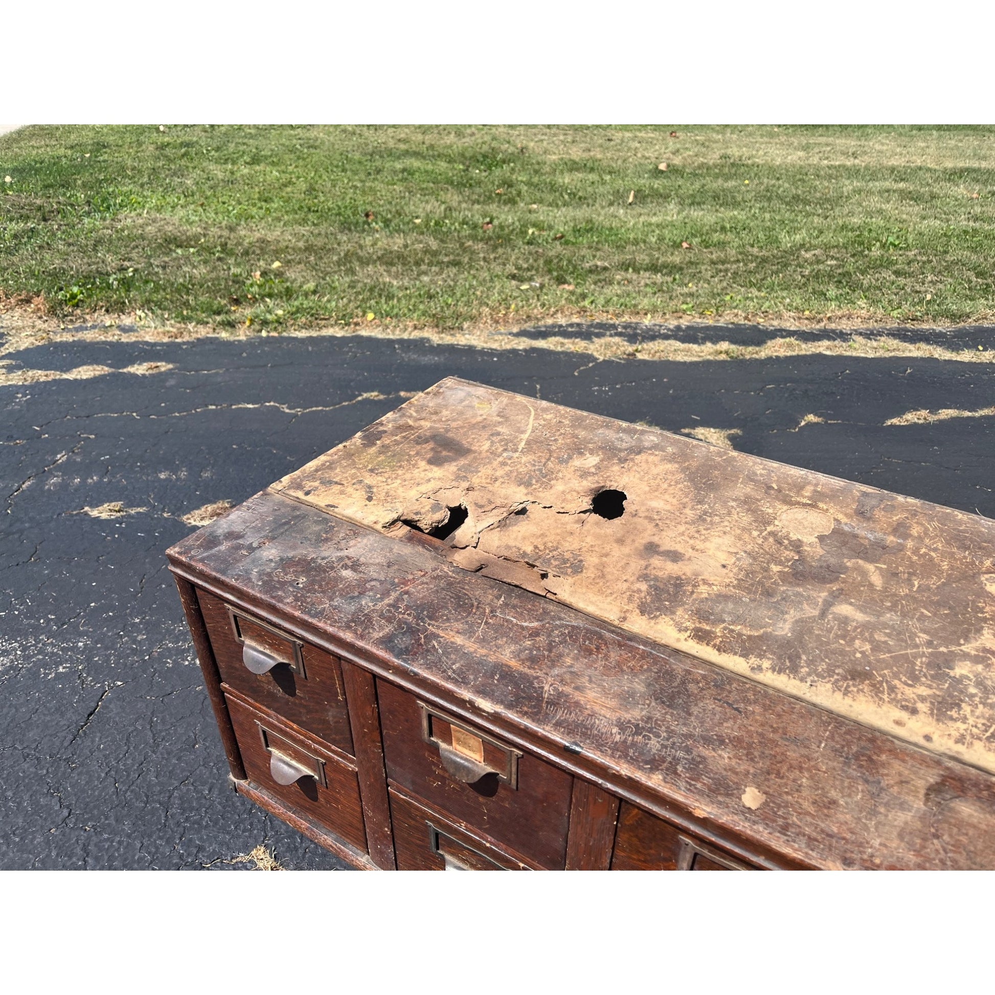Vintage Ten Drawer Tabletop Oak Wooden Storage Cabinet Industrial