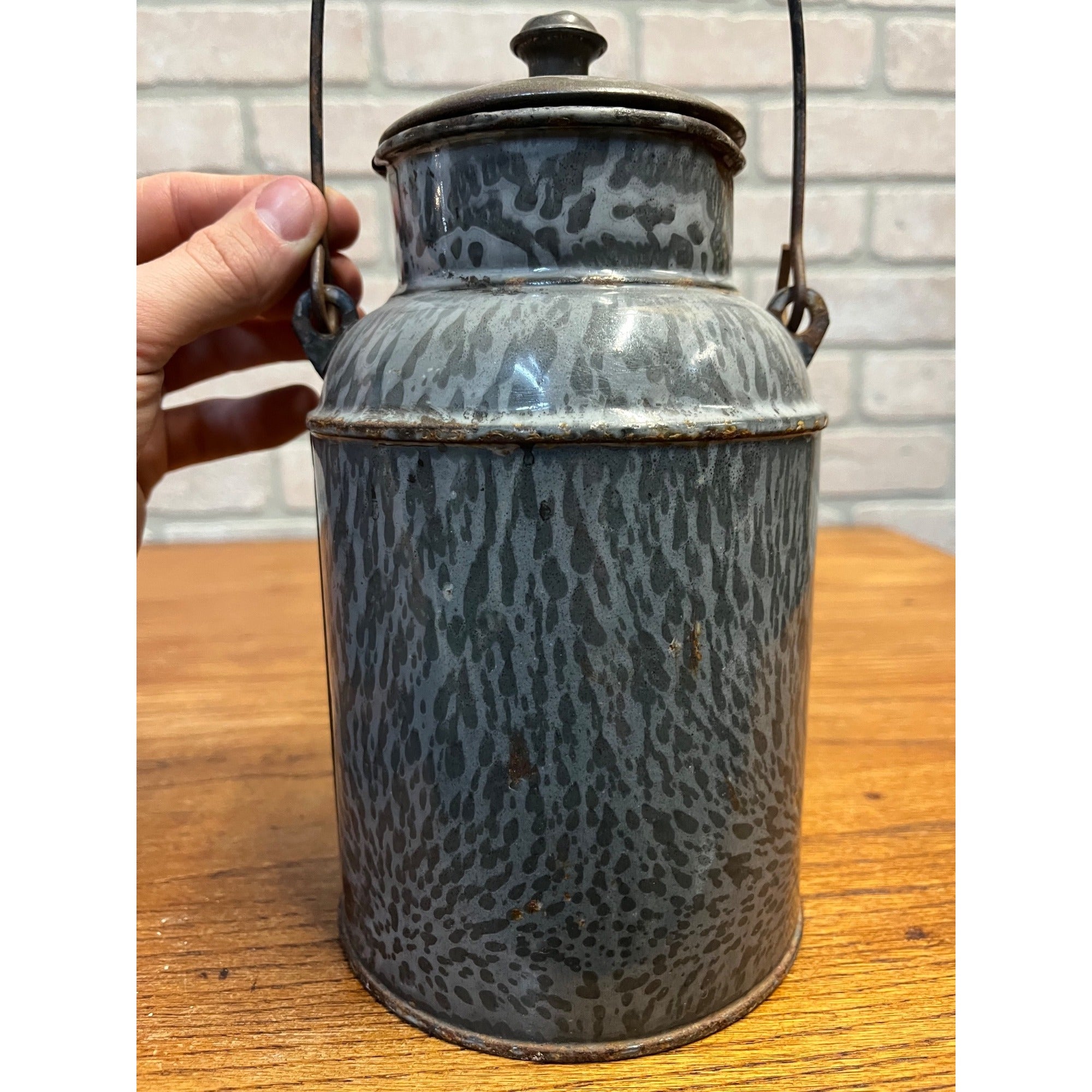 Antique Primitive Grey Graniteware Enamelware Cream Milk Can Pail Farmhouse Kitchen Decor
