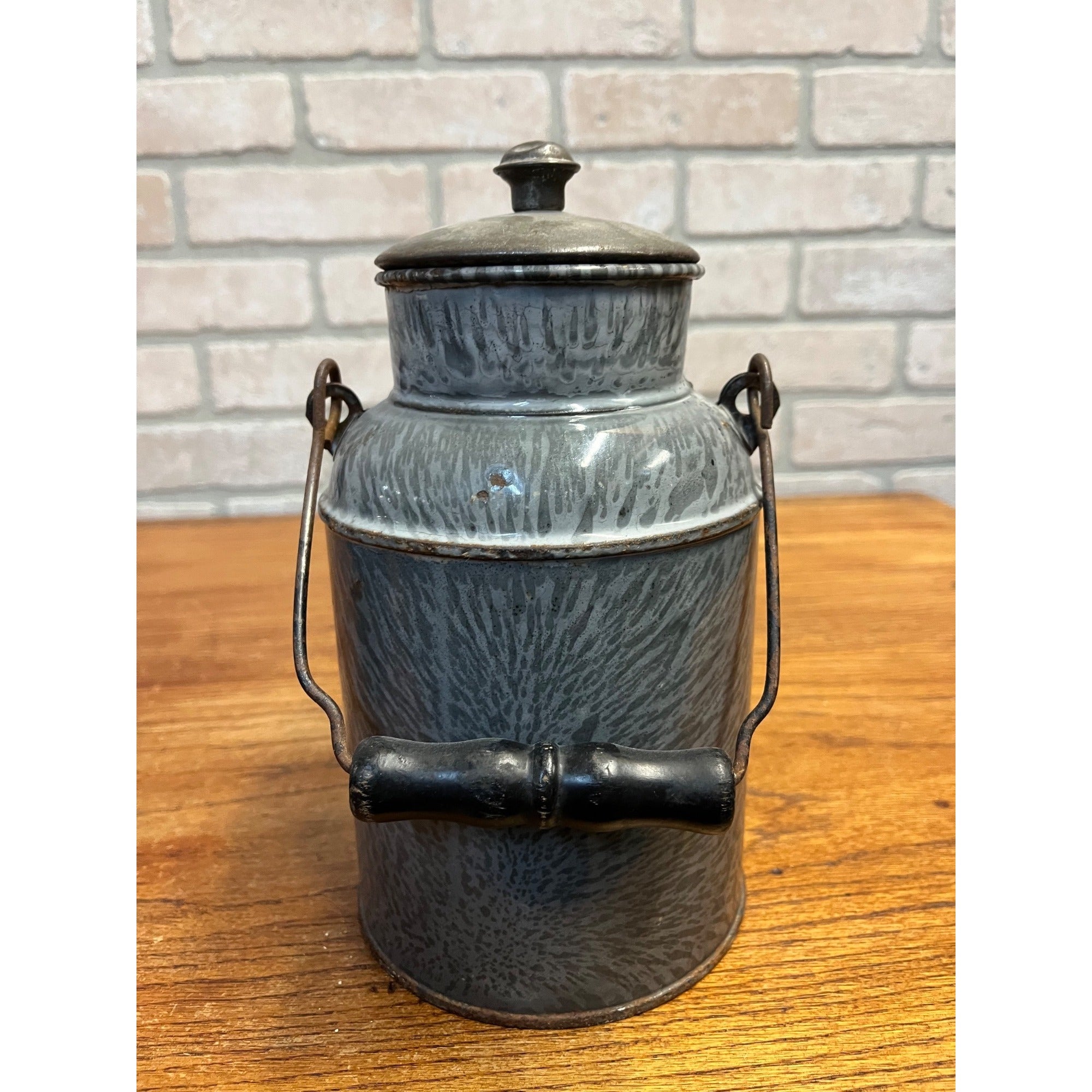 Antique Primitive Grey Graniteware Enamelware Cream Milk Can Pail Farmhouse Kitchen Decor