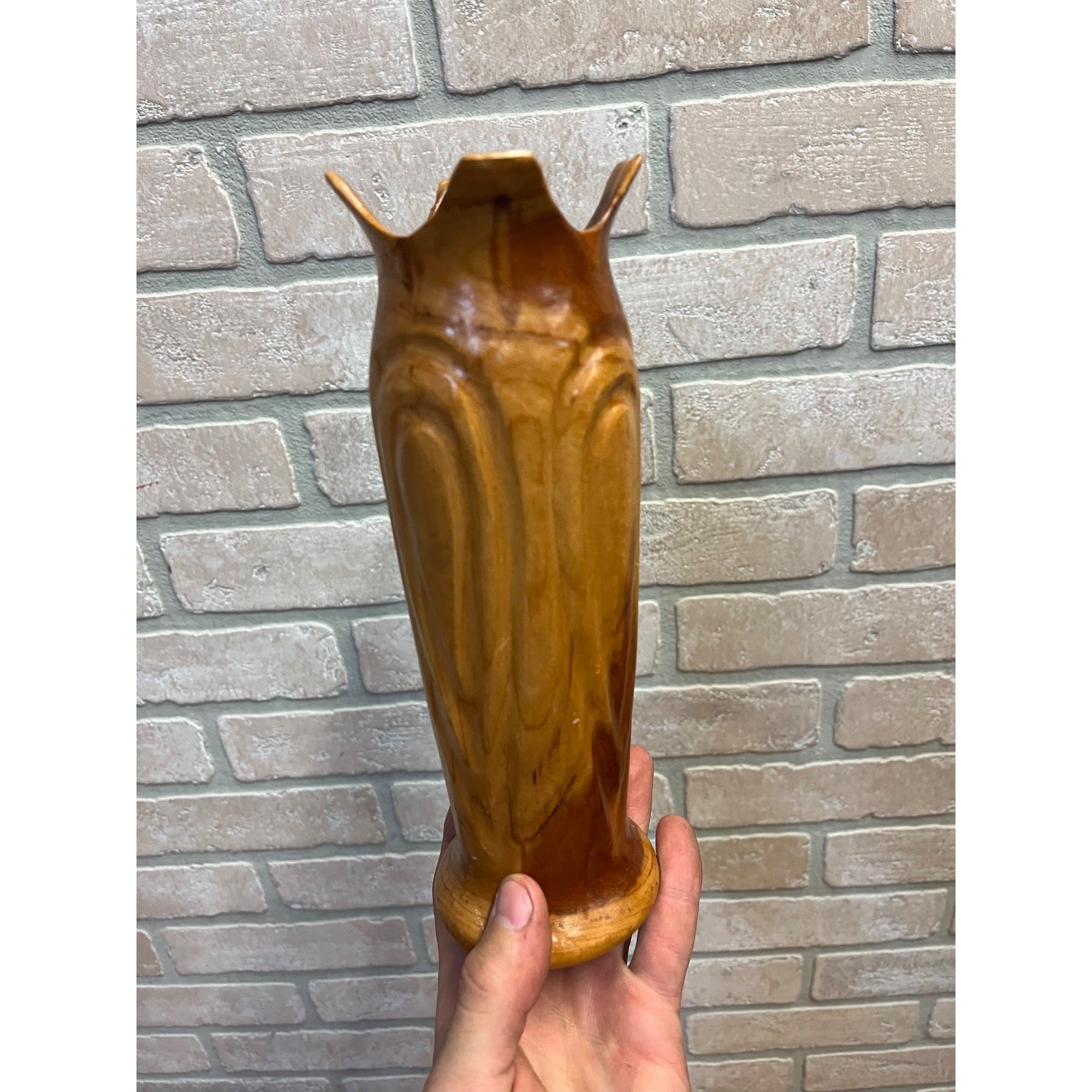 Vintage Mid-Century Hand Turned Carved Applewood Flower Vase 9"