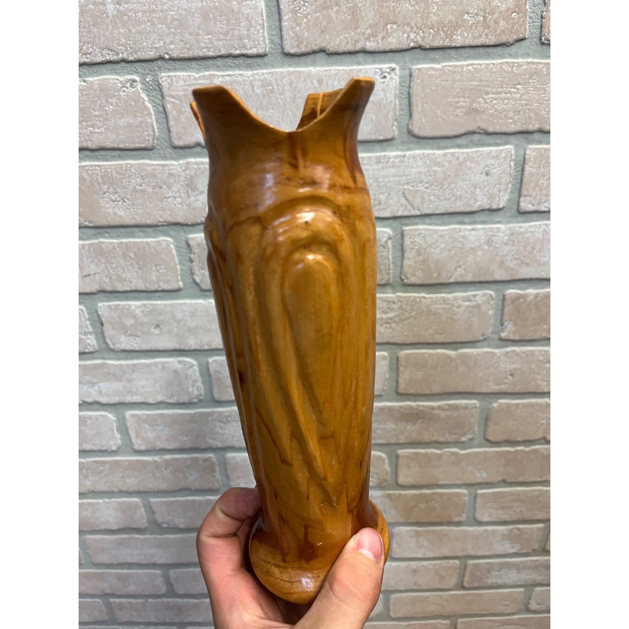 Vintage Mid-Century Hand Turned Carved Applewood Flower Vase 9"