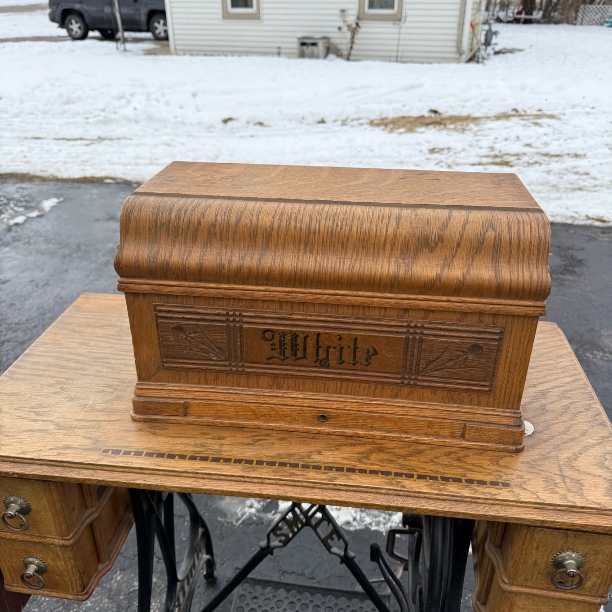 Antique White Sewing Machine Co Cabinet w/ Base As- Is
