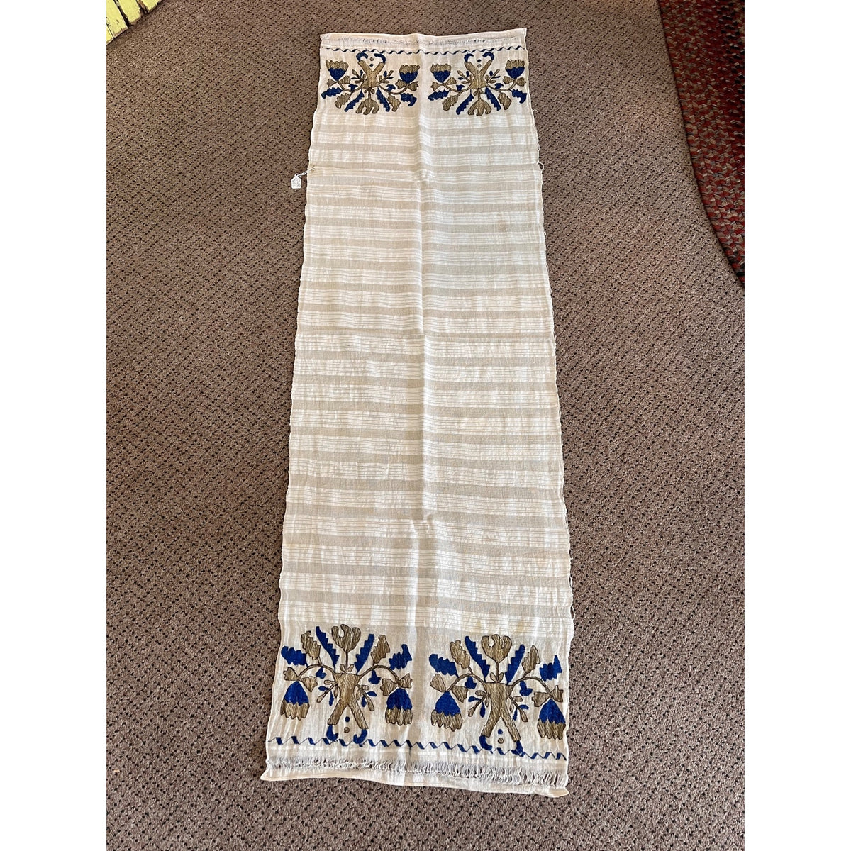 Antique Hand Embroidered Linen Table Runner Arts & Crafts Folk Art Floral William Morris