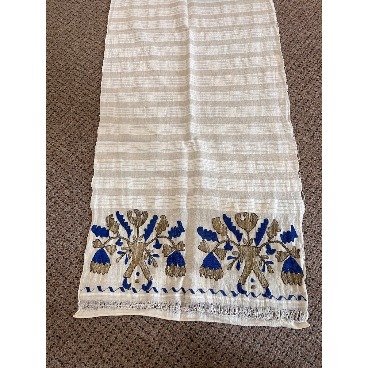 Antique Hand Embroidered Linen Table Runner Arts & Crafts Folk Art Floral William Morris